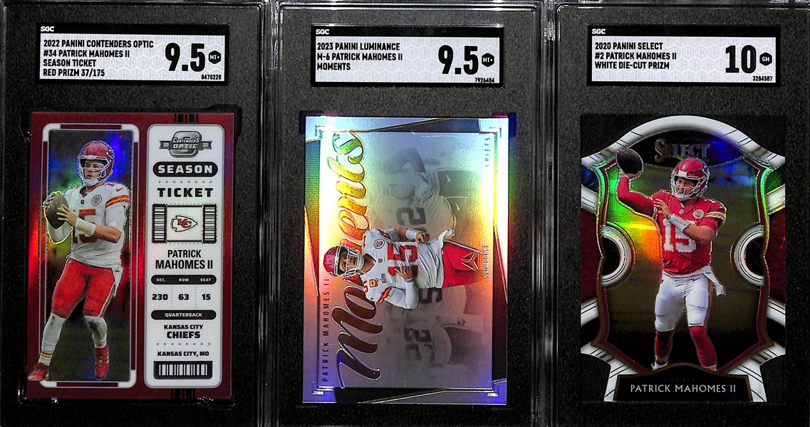 (3) SGC Graded Patrick Mahomes Cards - 2022 Contenders Optic Red (SGC 9.5) (#/175), 2023 Luminance Moments (SGC 9.5), 2020 Select White Die Cut (SGC 10) 